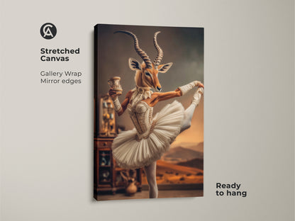 Stretched canvas of an antelope ballerina fine art. Gallery wrapped with mirror edges. It's a surreal white tutu canvas featuring an antelope. Ready to hang animal ballet decor. Ideal for eclectic bedroom wall decor. Great gift for ballet enthusiast.