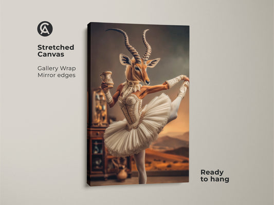 Stretched canvas of an antelope ballerina fine art. Gallery wrapped with mirror edges. It's a surreal white tutu canvas featuring an antelope. Ready to hang animal ballet decor. Ideal for eclectic bedroom wall decor. Great gift for ballet enthusiast.