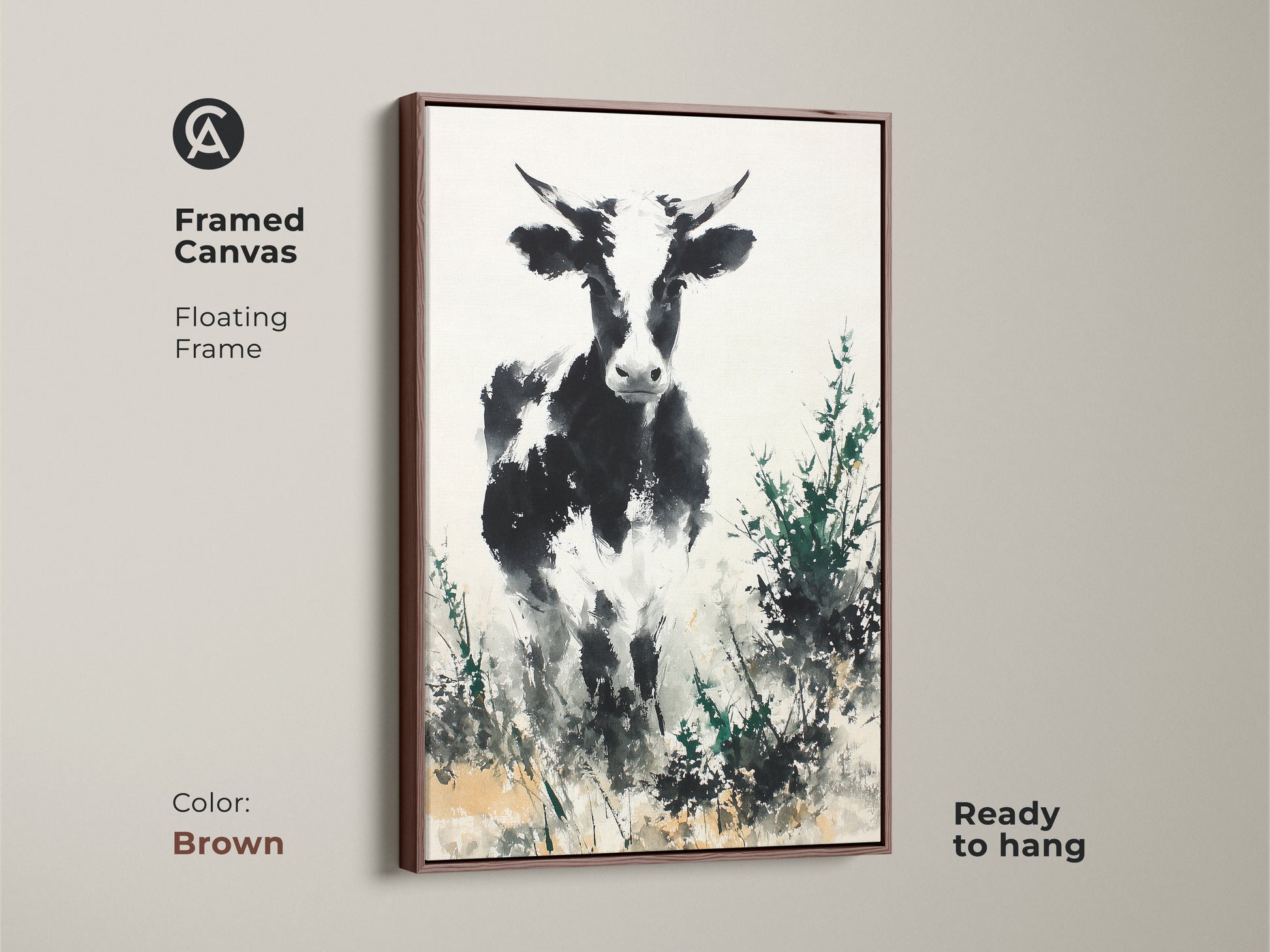 Brown framed canvas featuring a black and white cow. This floating frame animal art is ready to hang. The painting has a contemporary style. The artwork would look great in any living space. Add this to your home decor