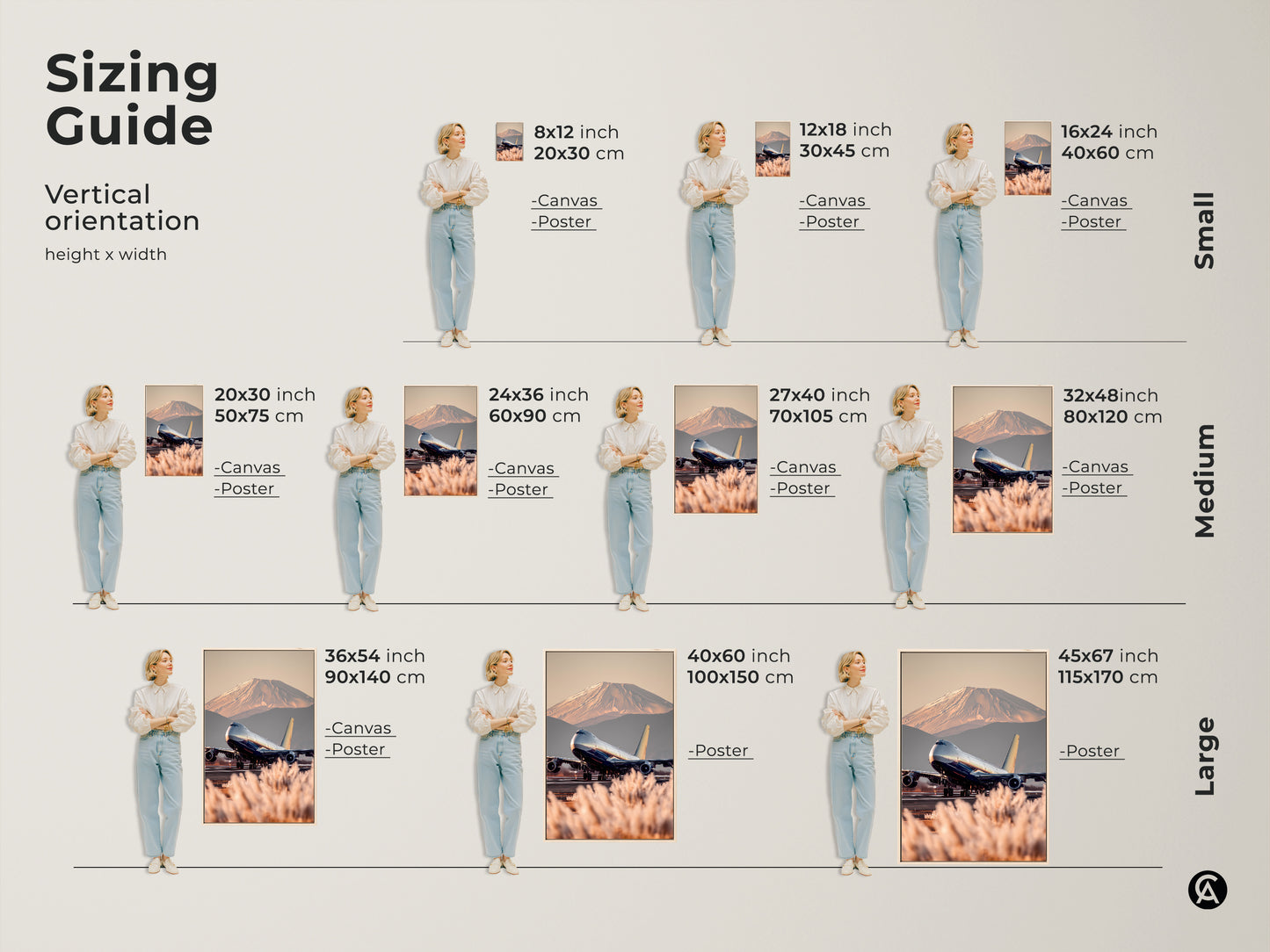 Sizing guide for vertical realistic airplane and Mt Fuji art. See canvas and poster options in various sizes. Find the perfect fit for your space. Choose from small medium and large sizes. Enhance your decor with travel photography. Ideal for housewarming gifts and wanderlust wall decor.