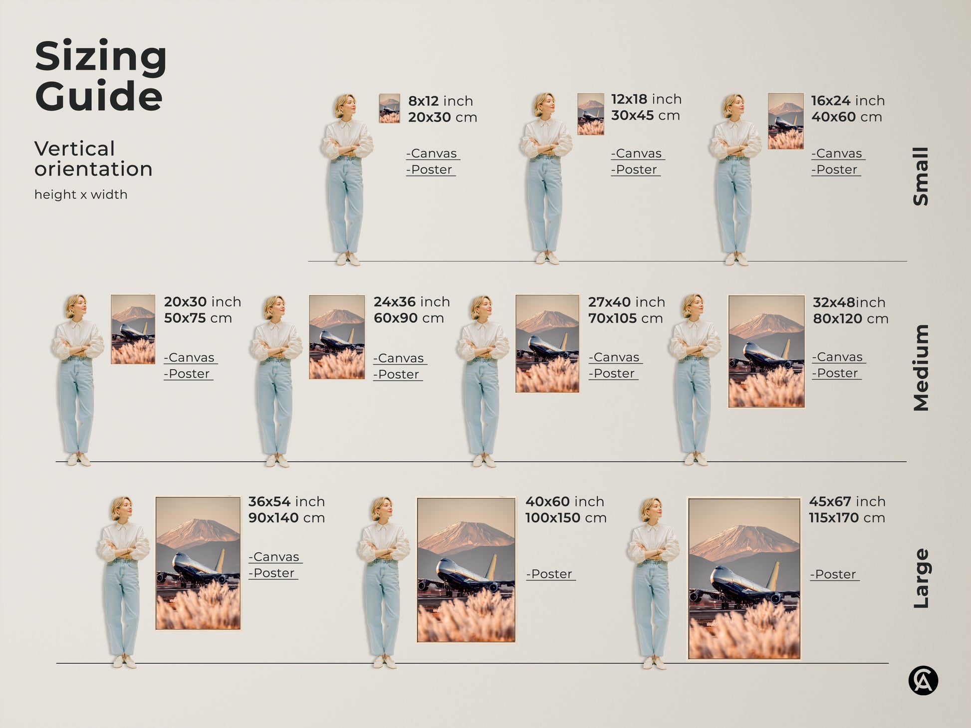 Sizing guide for vertical realistic airplane and Mt Fuji art. See canvas and poster options in various sizes. Find the perfect fit for your space. Choose from small medium and large sizes. Enhance your decor with travel photography. Ideal for housewarming gifts and wanderlust wall decor.