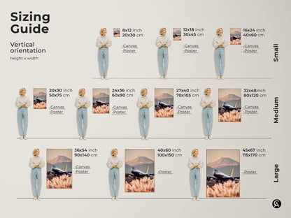 Sizing guide for vertical realistic airplane and Mt Fuji art. See canvas and poster options in various sizes. Find the perfect fit for your space. Choose from small medium and large sizes. Enhance your decor with travel photography. Ideal for housewarming gifts and wanderlust wall decor.