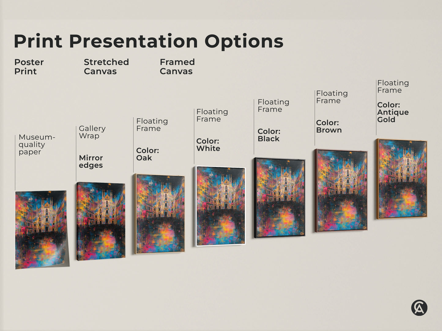 Explore presentation options for the Milan Cathedral art print. Choose from poster prints stretched canvas and framed canvas. Different frame colors are available. Find the perfect style to match your taste.