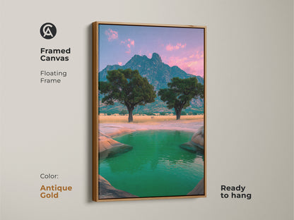 Framed in antique gold this canvas art displays an African mountain landscape. Acacia trees and a green water oasis bring nature inside. This floating frame is ready to hang. It’s perfect for eclectic home decor. This nature-inspired wall art will enhance any space with its unique tree art.