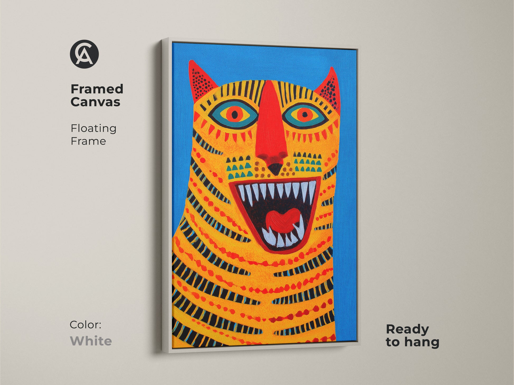 Framed canvas features a bold abstract tiger artwork. The eclectic folk style wall decor showcases a yellow blue red animal canvas. It is a perfect birthday gift. This vibrant tiger painting offers modern folk art print. It is a colorful abstract art.