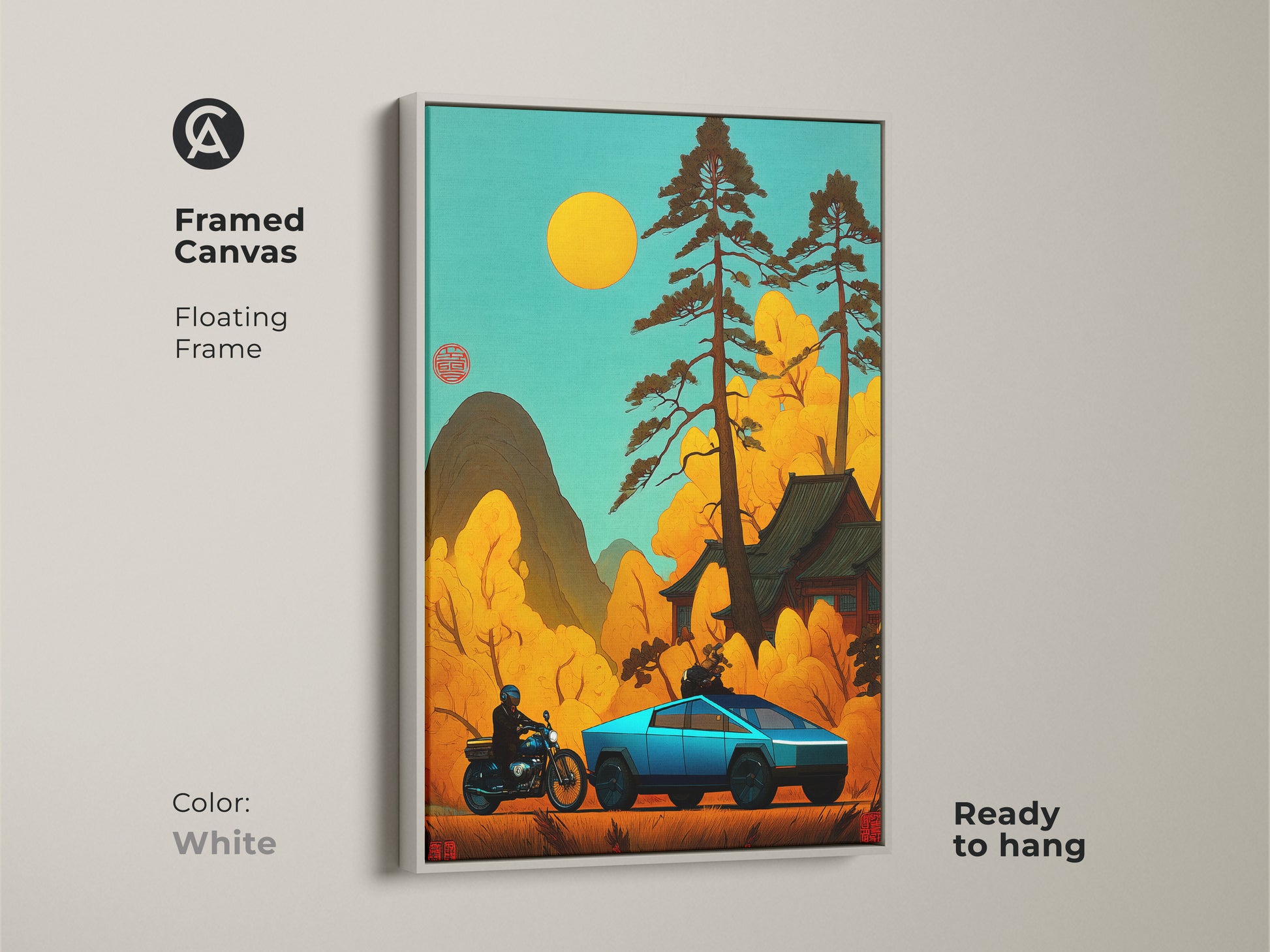 Japanese retro art showing a Cybertruck and motorcycle in a white framed canvas. The bright teal landscape creates a cool and calming vibe. This artwork combines Asian aesthetics with modern vehicle themes. Ready to hang it's perfect as unique office or home wall decor.
