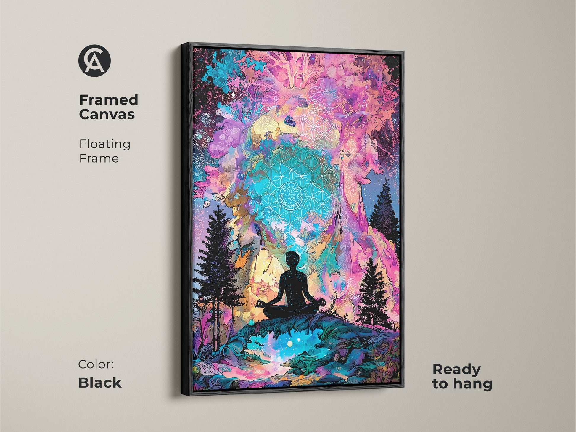 A framed canvas features spiritual artwork. A silhouette meditates in a vibrant landscape. The floating frame is black. This ready to hang canvas art will transform your space with its tranquil vibe.
