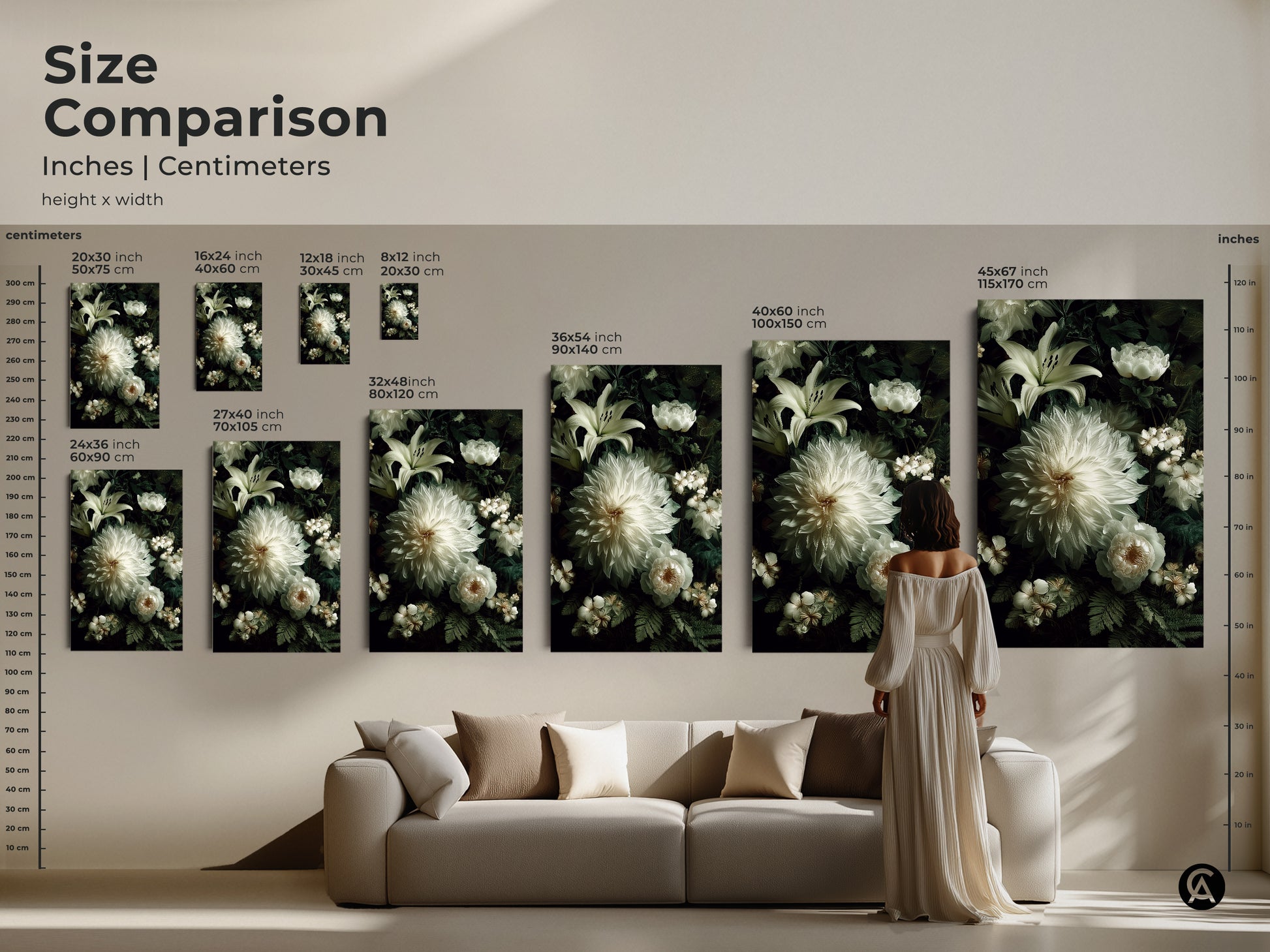 Size comparison of floral artwork featuring white dahlia lilies and roses. See how different sizes fit above a sofa. Available in inches and centimeters as canvas or poster. Visualize the perfect artwork size.