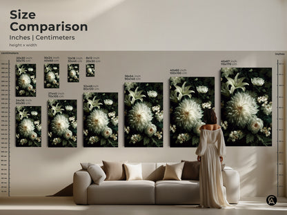Size comparison of floral artwork featuring white dahlia lilies and roses. See how different sizes fit above a sofa. Available in inches and centimeters as canvas or poster. Visualize the perfect artwork size.