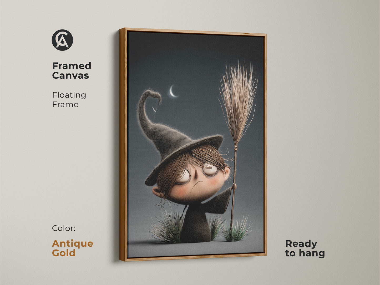 Framed canvas art featuring a cute cartoon witch with an antique gold floating frame. This spooky nursery wall decor adds charm. Ideal dark academia gift and kids fantasy art. Ready to hang. Perfect for witch aesthetic art and fall decor prints. Enhance your space with this unique print.