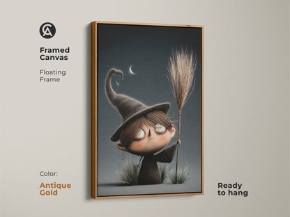Framed canvas art featuring a cute cartoon witch with an antique gold floating frame. This spooky nursery wall decor adds charm. Ideal dark academia gift and kids fantasy art. Ready to hang. Perfect for witch aesthetic art and fall decor prints. Enhance your space with this unique print.