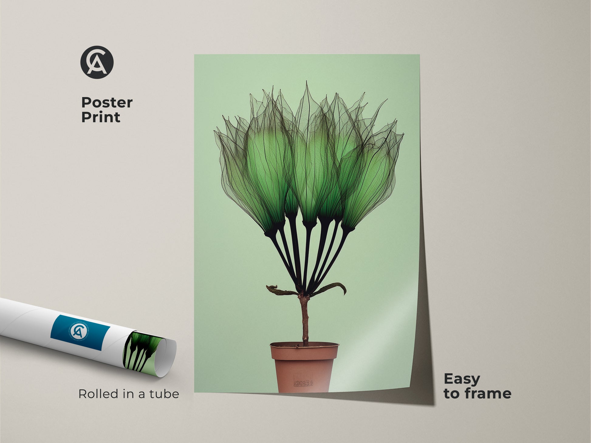 Poster Print of a Botanical Art Print features delicate translucent green petals. This Mint Green Potted Plant Wall Art has minimalist abstract style. This Scandinavian Canvas is an ideal Gift for Plant Lovers. Easy to frame for home or office decor.