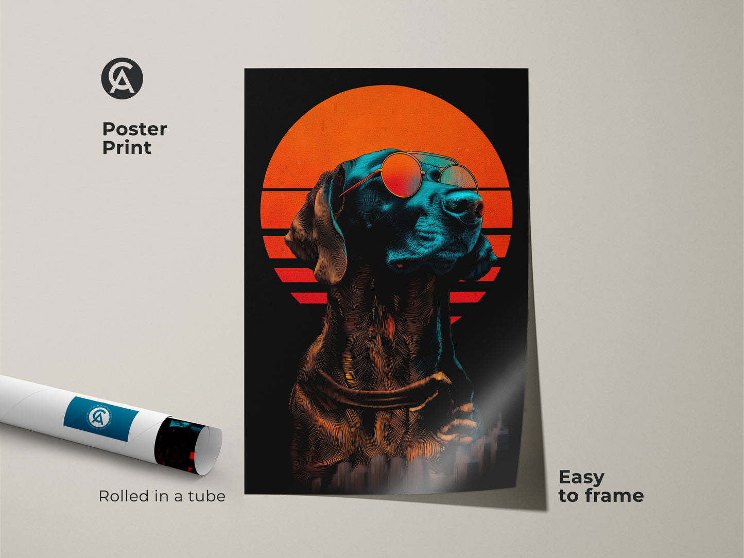 Poster Print of retro futuristic dog art rolled in a tube. Easy to frame. Features a cool dog wearing sunglasses. The vibrant sunset cityscape makes it a unique animal retro futuristic artwork.