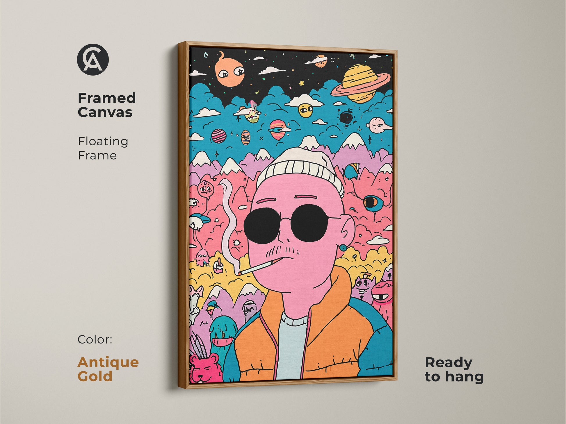 Framed canvas art with a floating frame in antique gold. The artwork shows a pink man smoking a cigarette. Planets mountains and creatures fill the background. The antique gold frame adds elegance. It is ready to hang. Buy this unique art print today.