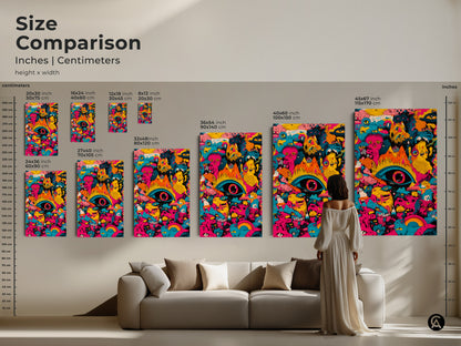 Size comparison of psychedelic monster art prints. See the difference between inches and centimeters. Various sizes displayed next to a sofa and a person. Visualize how each size would look in your home with this unique artwork.