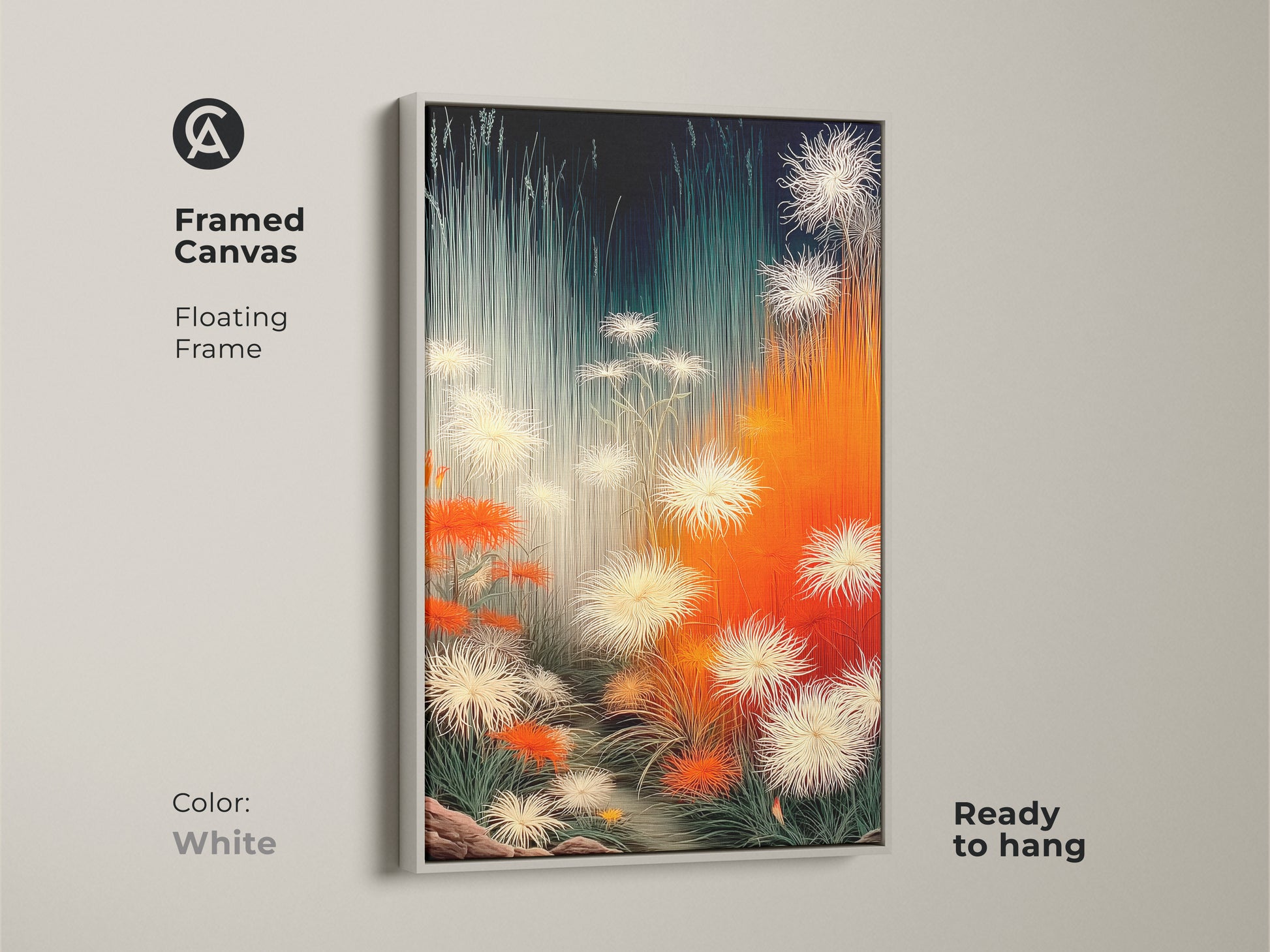 Framed canvas in white featuring abstract botanical artwork. This dandelion nature artwork with orange white and teal floral prints is ready to hang. The modern contemporary decor is ideal for minimalist homes and plant lovers. The canvas print adds a sophisticated nature-inspired touch.