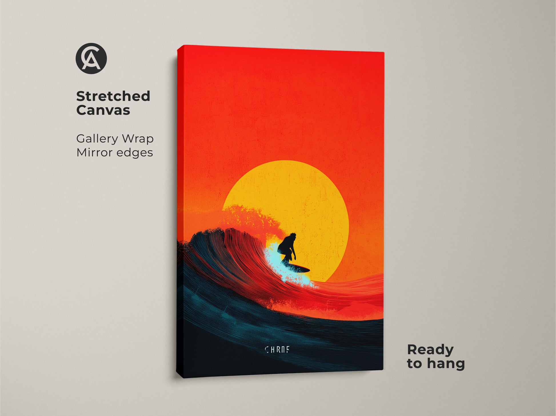 Stretched canvas gallery wrap of surfing wave art. The canvas features a coastal sunset scene. Orange yellow and teal hues bring a modern and minimalist touch. Ready to hang art enhances any room with beach house vibes. A perfect surfer gift idea.
