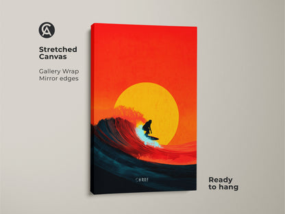 Stretched canvas gallery wrap of surfing wave art. The canvas features a coastal sunset scene. Orange yellow and teal hues bring a modern and minimalist touch. Ready to hang art enhances any room with beach house vibes. A perfect surfer gift idea.