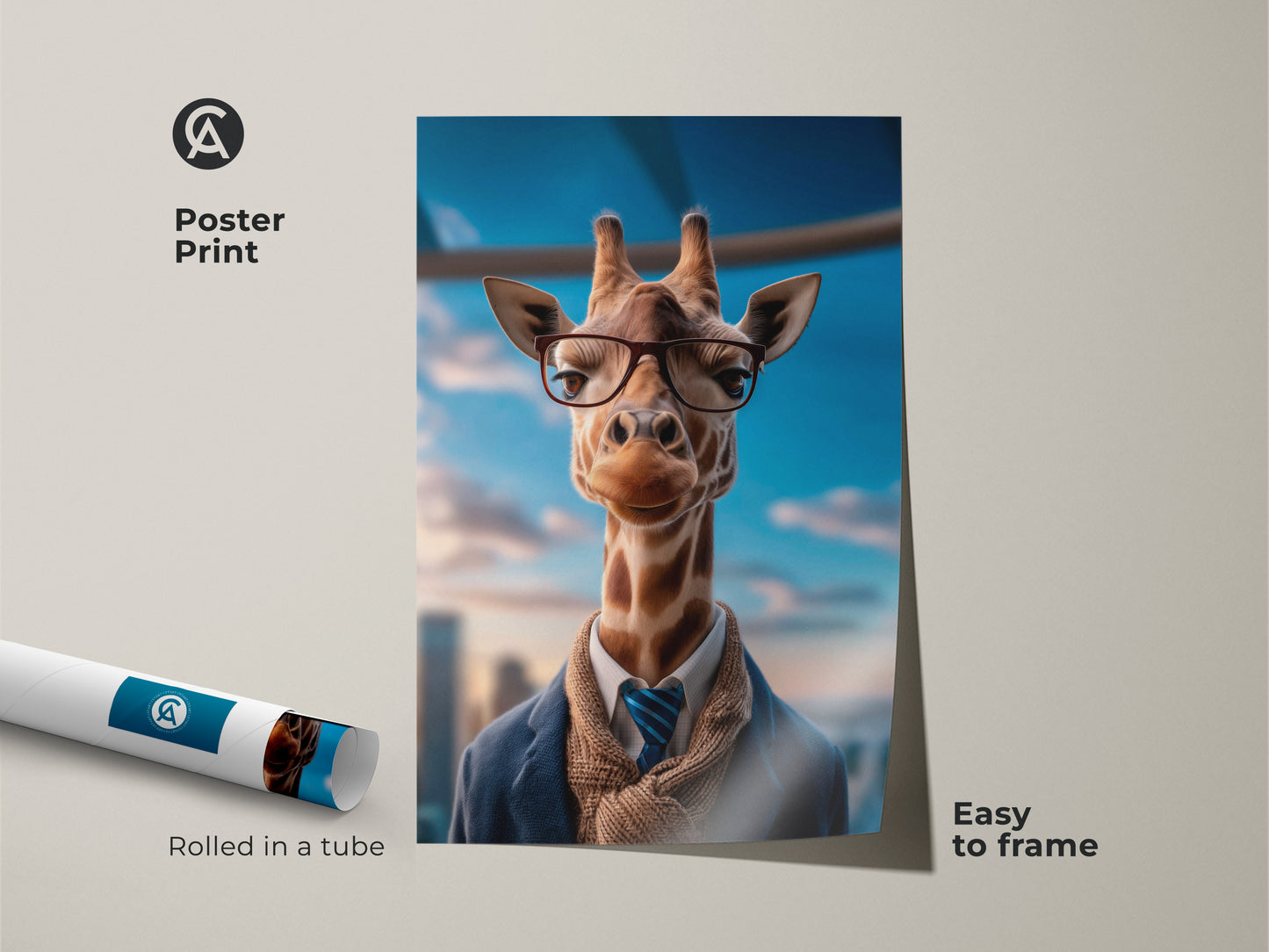 This Eclectic Giraffe Wall Art is the perfect animal lover gift. Featuring a giraffe in glasses this tan and brown artwork adds charm to any space. Easy to frame and display this animal portrait is rolled in a tube. Ideal for unique office decor.