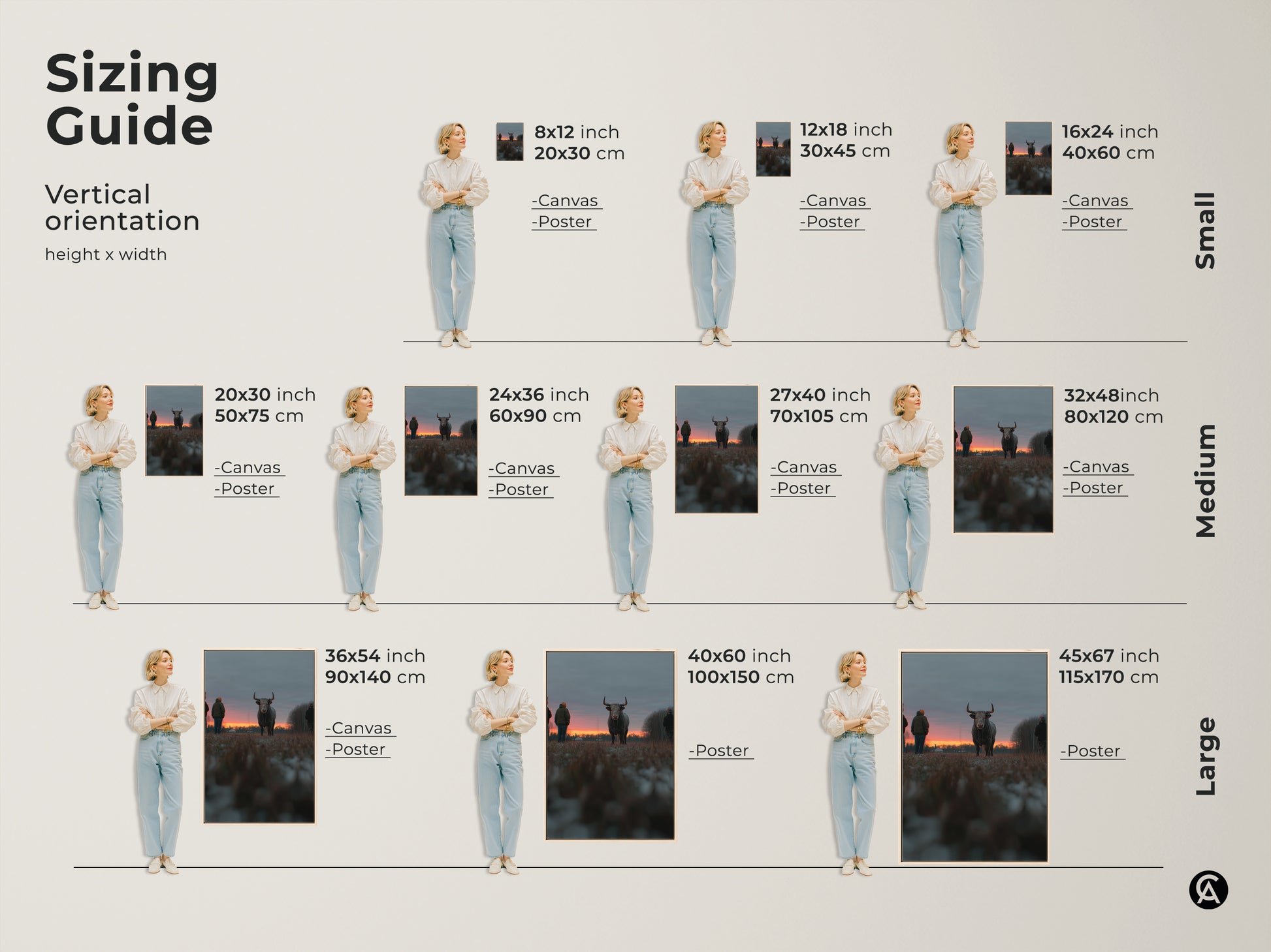 Sizing guide for vertical rustic bull sunset canvas and poster prints. Available sizes include 8x12 inch to 45x67 inch. Find the perfect fit for your space with this farmhouse wall decor. Ideal bedroom art or gift for farm lovers. Enhance your home with this rural landscape print