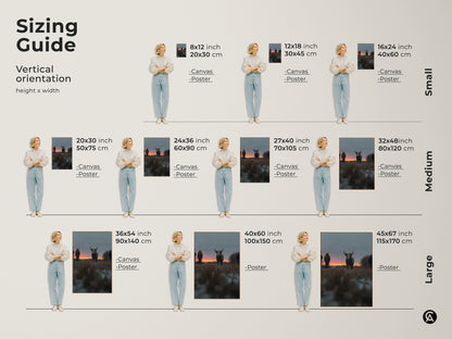 Sizing guide for vertical rustic bull sunset canvas and poster prints. Available sizes include 8x12 inch to 45x67 inch. Find the perfect fit for your space with this farmhouse wall decor. Ideal bedroom art or gift for farm lovers. Enhance your home with this rural landscape print