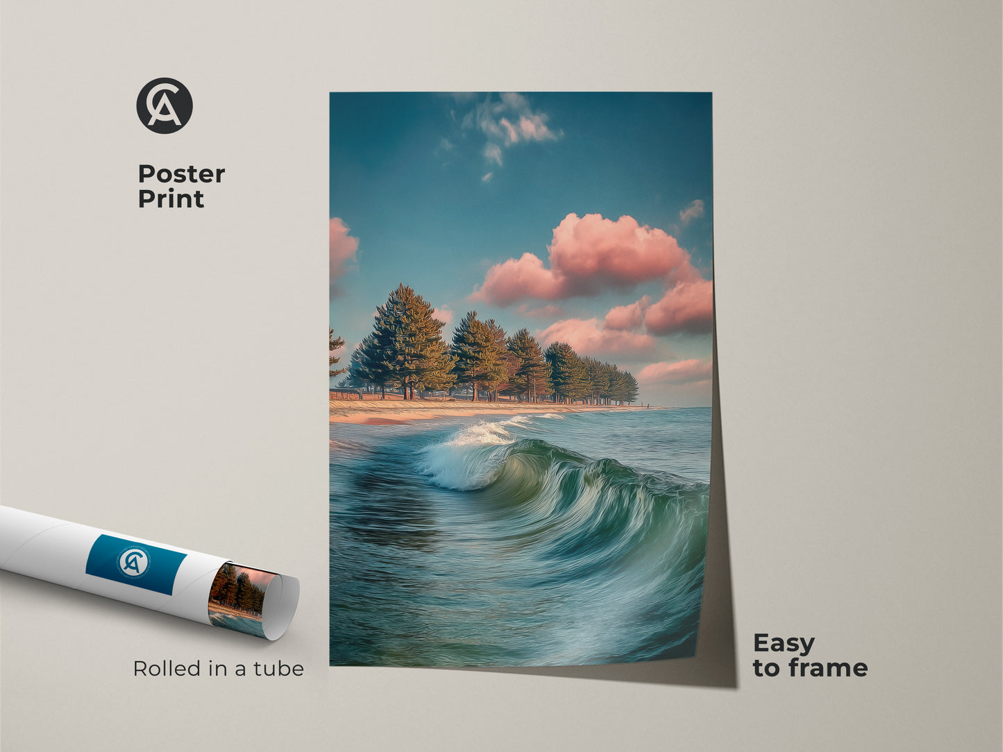 Poster print of teal pine tree beach. Notice the coastal landscape with ocean wave artwork. A blue and pink sky creates a serene atmosphere. This nature landscape canvas is easy to frame. Perfect as seaside art. Rolled in a tube for protection.