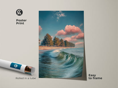 Poster print of teal pine tree beach. Notice the coastal landscape with ocean wave artwork. A blue and pink sky creates a serene atmosphere. This nature landscape canvas is easy to frame. Perfect as seaside art. Rolled in a tube for protection.