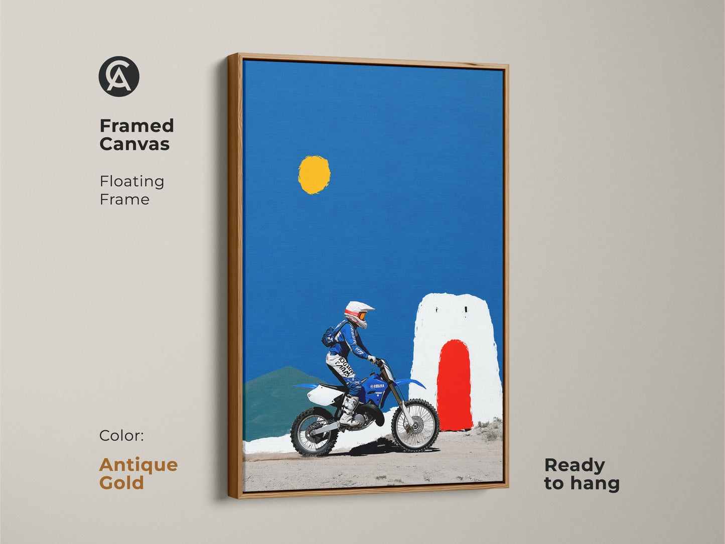 Antique Gold framed canvas with Motocross art. Floating frame showcasing a Yamaha dirt bike and blue sky. A minimalist desert motocross artwork piece. Ideal wall art for him and extreme sports fans. Ready to hang artwork.