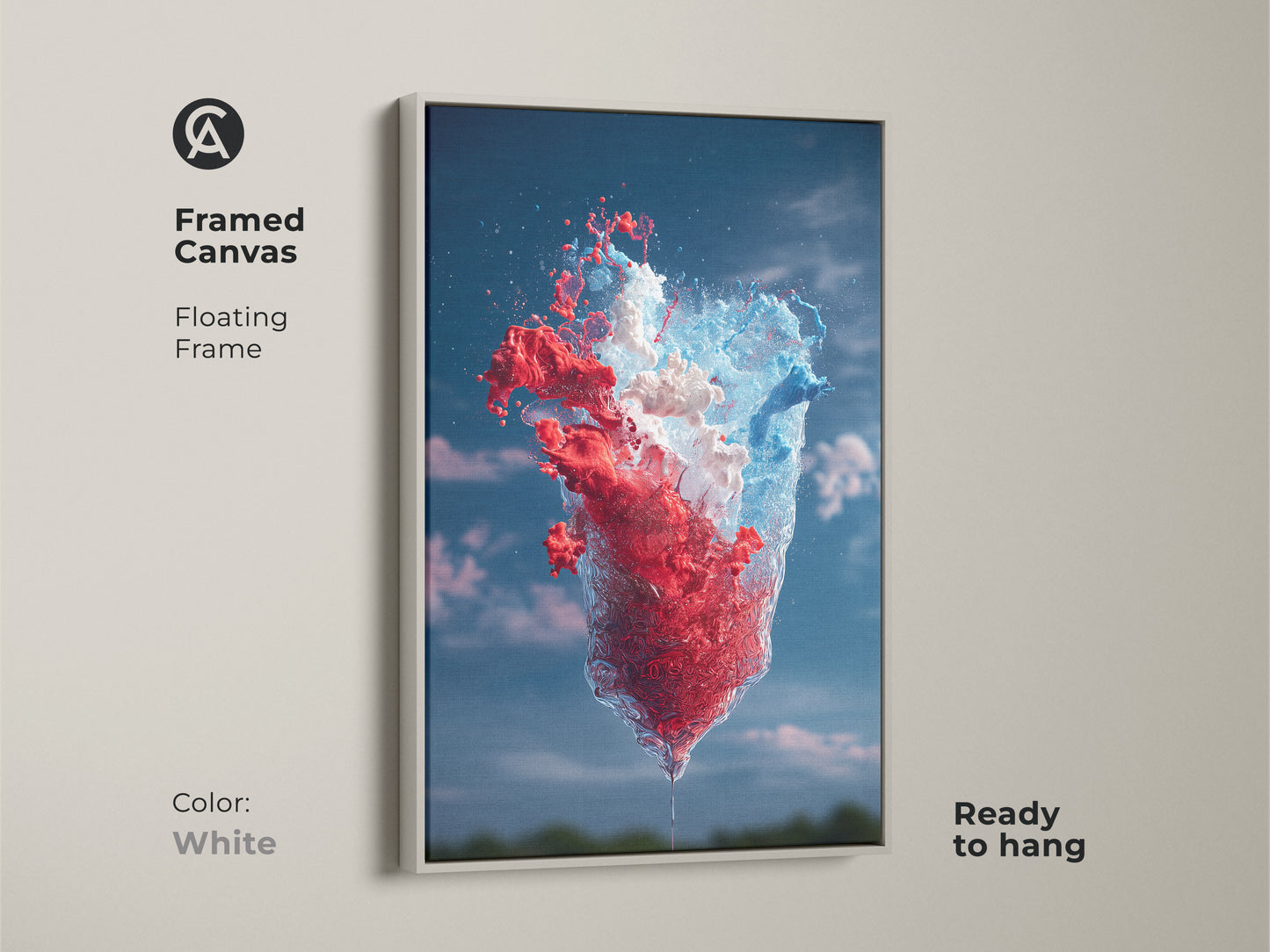 Framed canvas in white floating frame displaying abstract red blue and white splash art. Ready to hang this modern artwork complements any decor style. The energetic color splash and unique abstract artwork enhance your living room or office space.