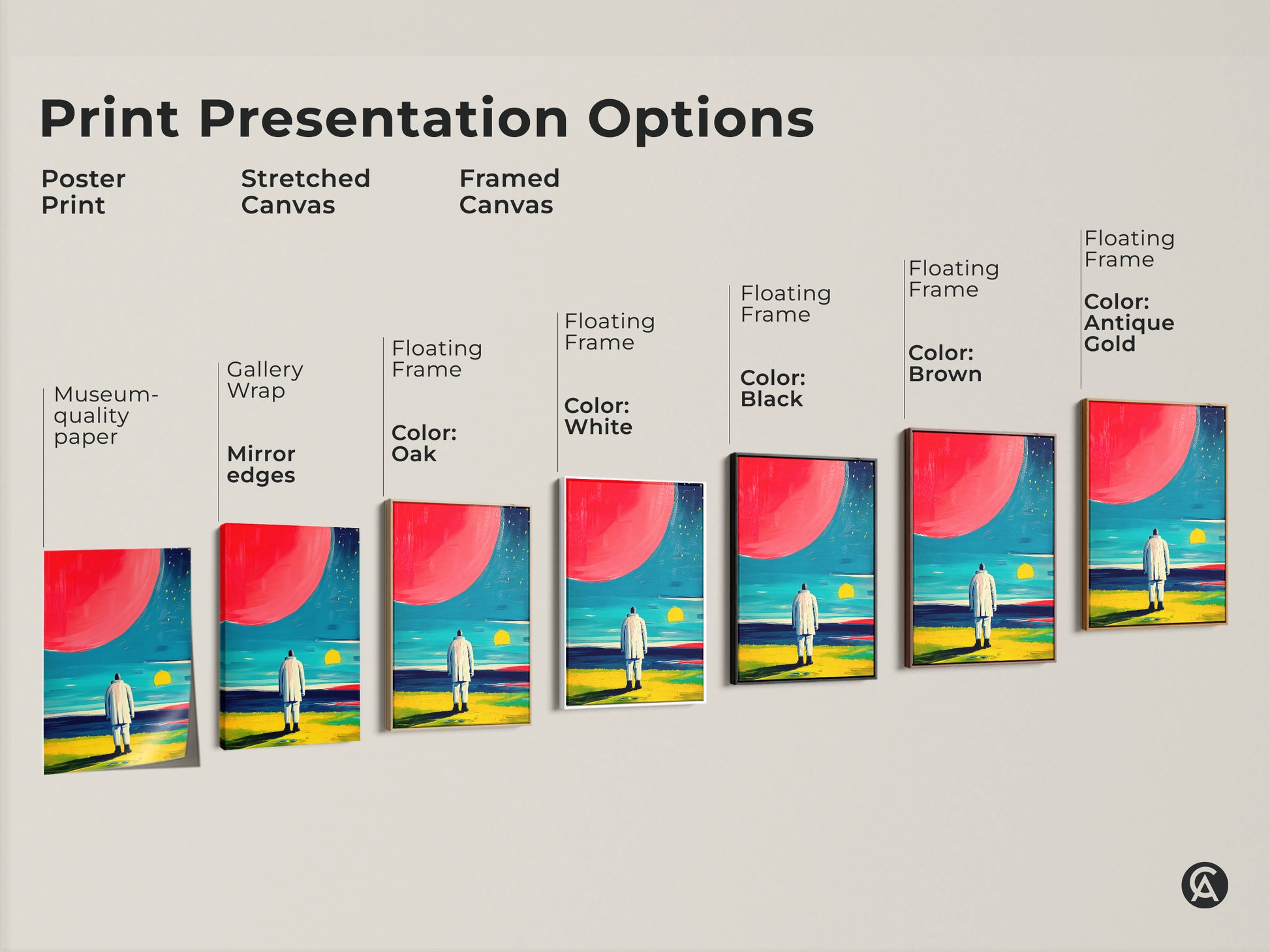 Print presentation options showcasing poster prints stretched canvas and framed canvas. The art features a blue orange teal abstract. Available with floating frames in black brown antique gold white and oak.