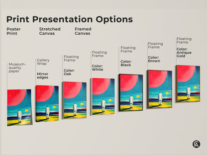 Print presentation options showcasing poster prints stretched canvas and framed canvas. The art features a blue orange teal abstract. Available with floating frames in black brown antique gold white and oak.