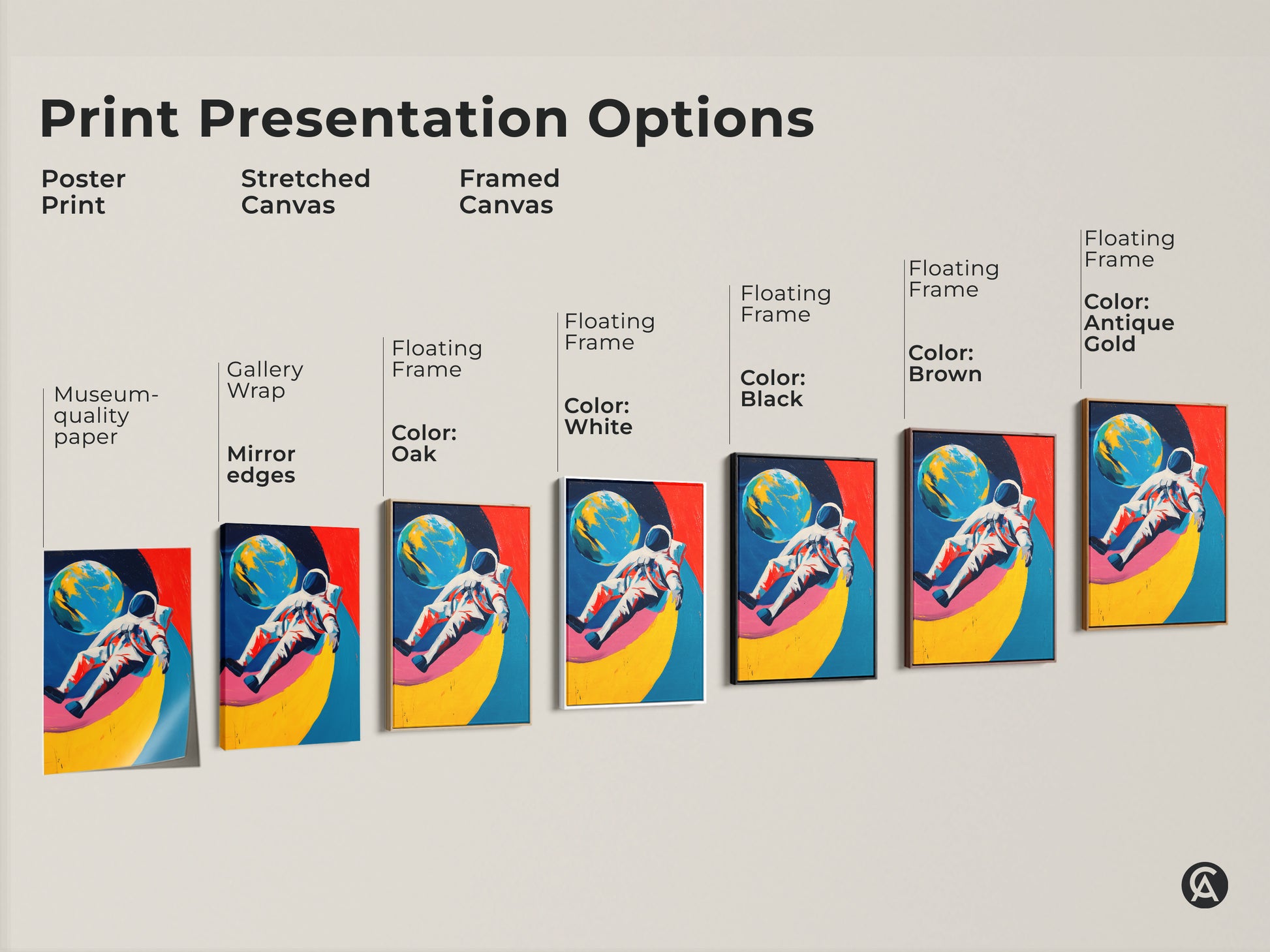 Print presentation options include poster prints stretched canvas and framed canvas. Styles range from gallery wrap to floating frame and feature abstract space artwork.