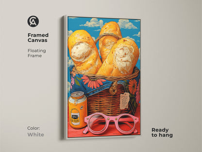 Framed canvas with floating white frame presents pop art bread artwork. Its retro jam jar and pink sunglasses add a surreal touch. The bright yellow blue orange palette enhances any space. Ready to hang it's an ideal housewarming gift for baker or art lovers.
