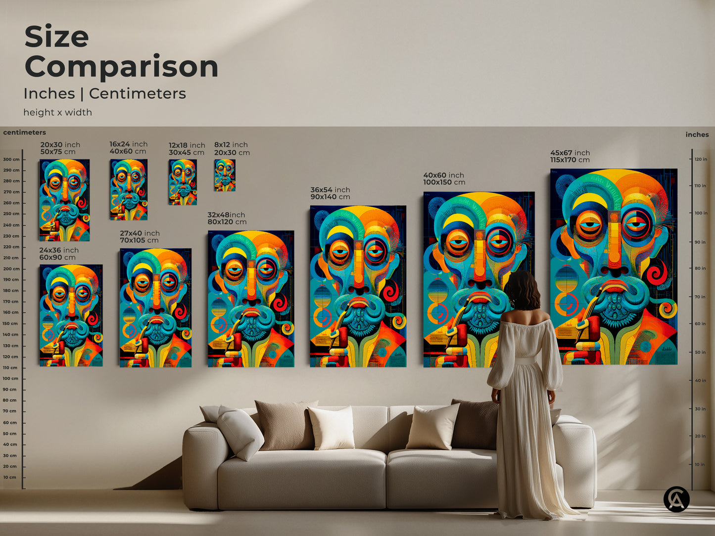 Size comparison of abstract man portrait art in inches and centimeters. See how different sizes fit above a sofa. This eclectic wall art is perfect for your living room or office.