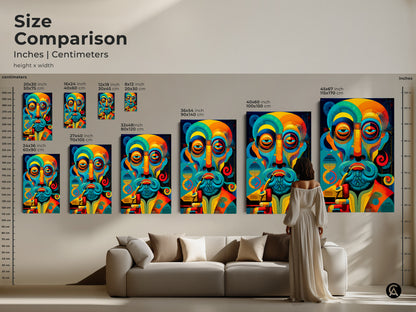 Size comparison of abstract man portrait art in inches and centimeters. See how different sizes fit above a sofa. This eclectic wall art is perfect for your living room or office.