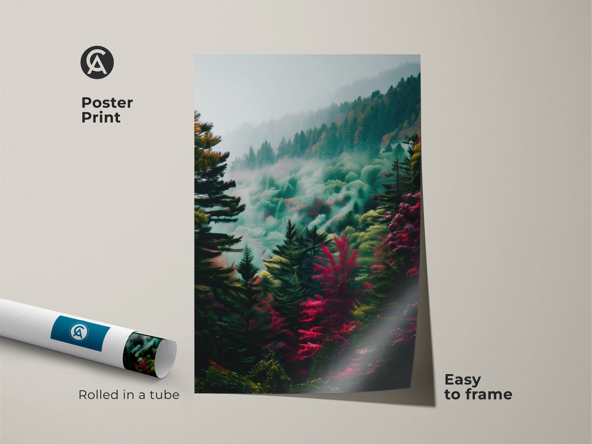 Poster print showcasing a vibrant forest landscape. Rolled in a tube for easy framing this artwork brings nature indoors. The misty trees and rich colors add depth to any space.