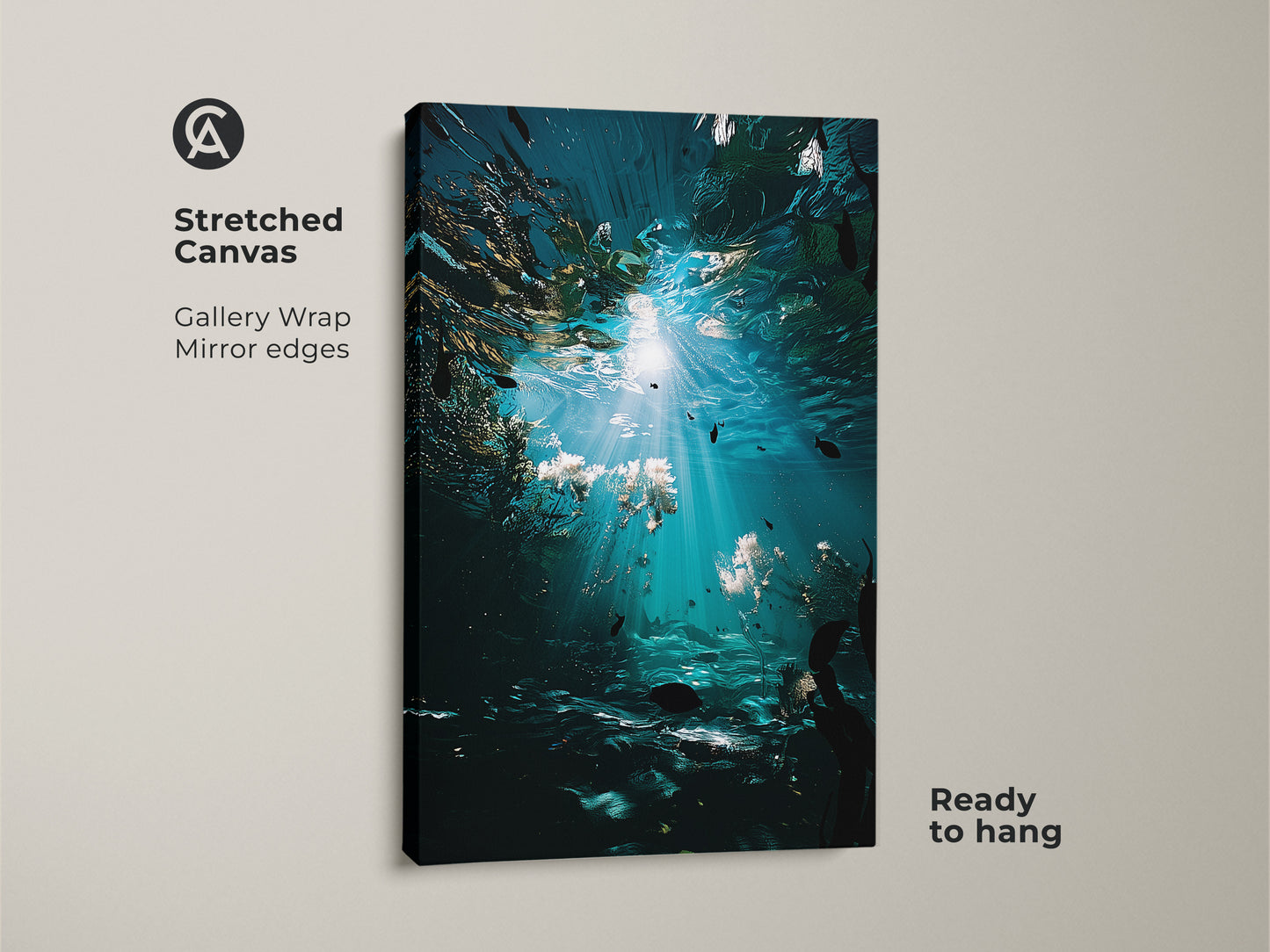 Stretched canvas of deep blue underwater ocean wall art. This photorealistic seascape showcases fish and kelp. It is ready to hang and brings a coastal vibe. Ideal beach house decor art.