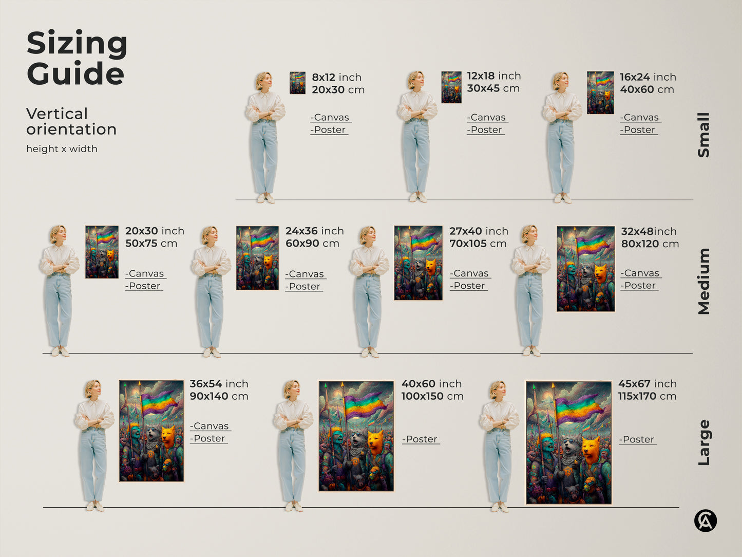 This image shows the sizing guide for vertical orientation. It shows the height and width in inches and centimeters for canvas and poster prints. It shows small medium and large sizes.