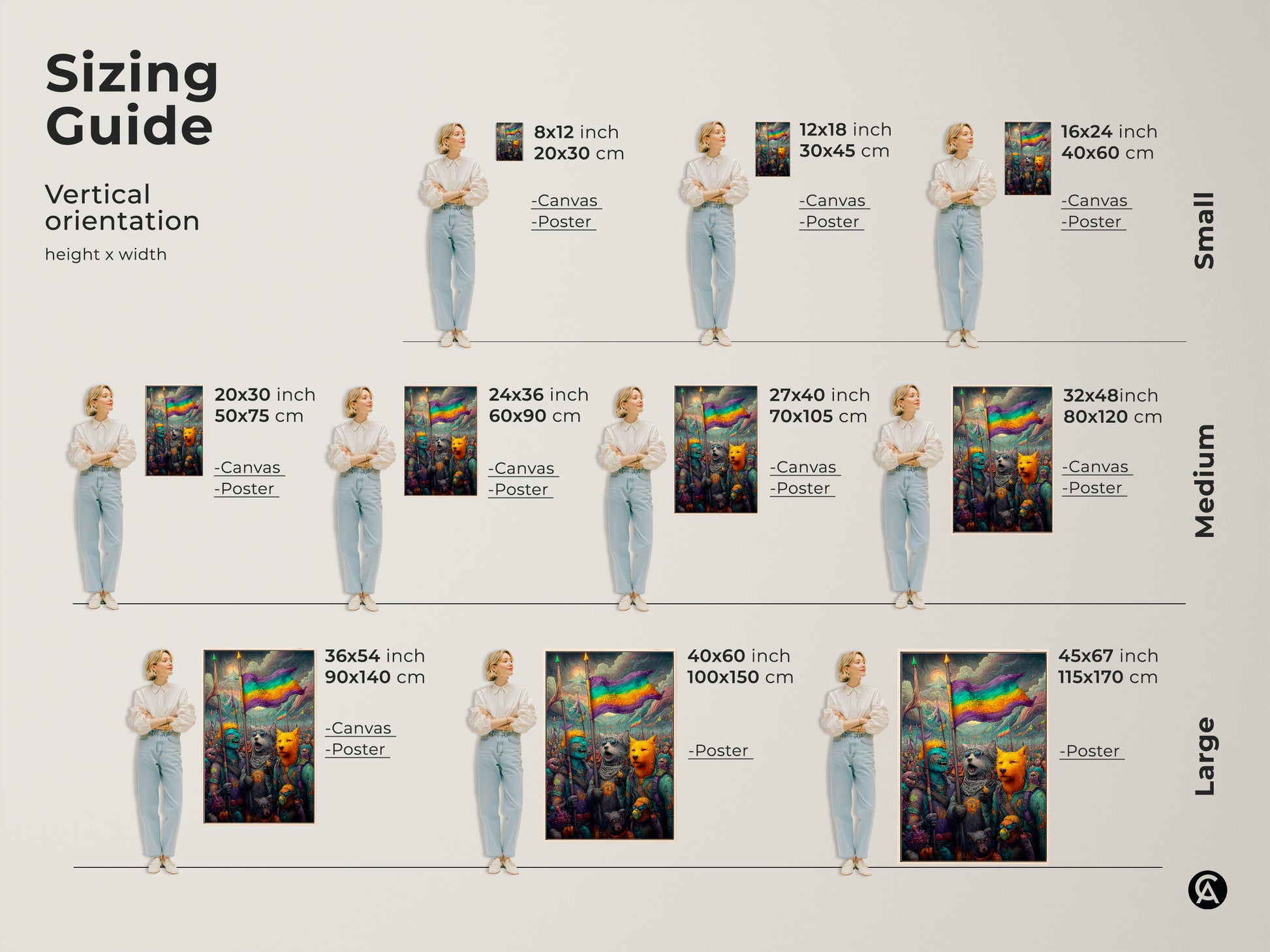 This image shows the sizing guide for vertical orientation. It shows the height and width in inches and centimeters for canvas and poster prints. It shows small medium and large sizes.