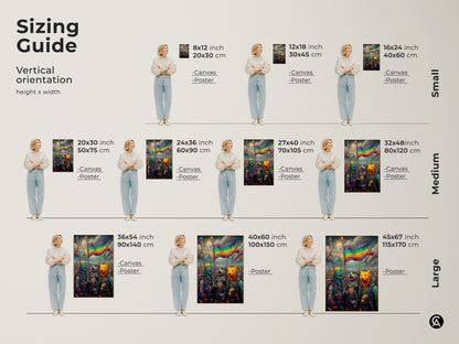 This image shows the sizing guide for vertical orientation. It shows the height and width in inches and centimeters for canvas and poster prints. It shows small medium and large sizes.