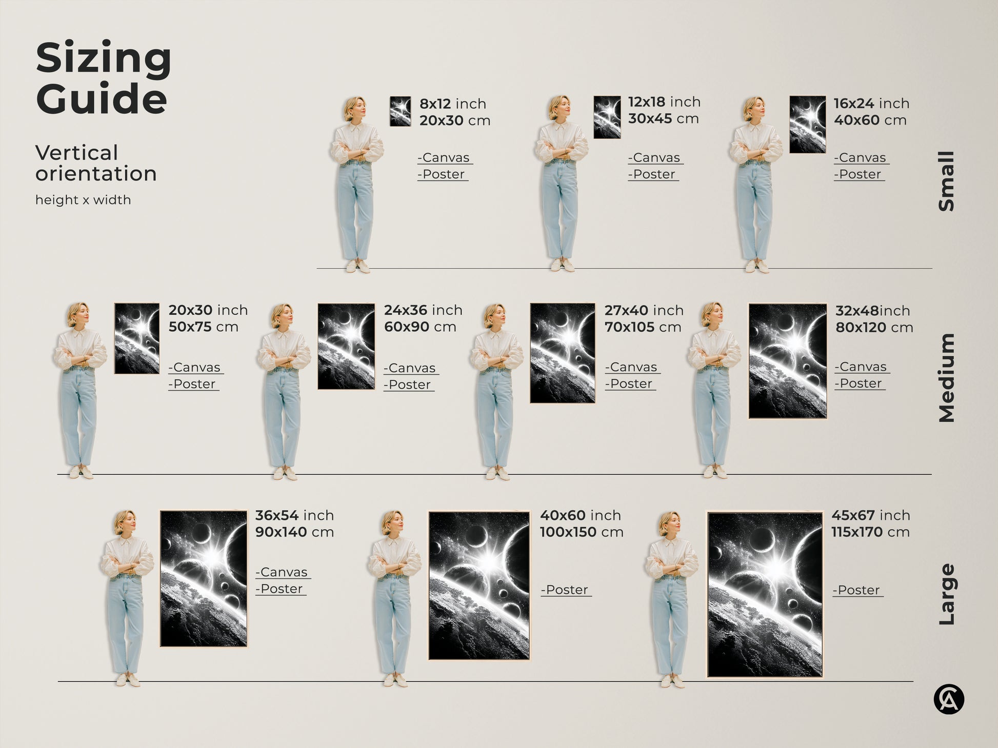 Sizing guide for space artwork. Available in various sizes to fit any space. Choose from canvas or poster prints. Visualize the artwork in different dimensions. Perfect for home decor and space enthusiasts. Find the ideal size for your wall.