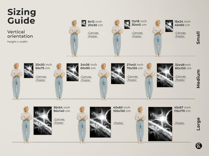Sizing guide for space artwork. Available in various sizes to fit any space. Choose from canvas or poster prints. Visualize the artwork in different dimensions. Perfect for home decor and space enthusiasts. Find the ideal size for your wall.