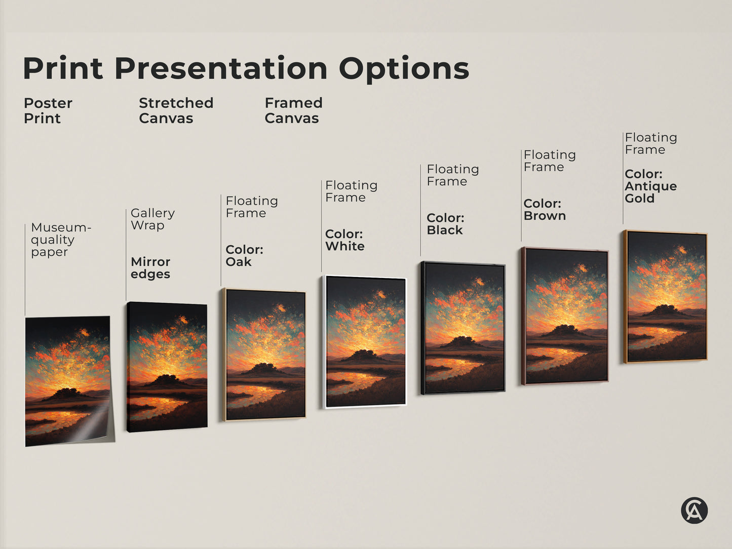 Explore print presentation options for this sunset artwork. Options include poster print stretched canvas and framed canvas. Museum-quality paper and gallery wrap are also available.