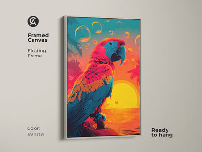 Framed canvas artwork showcases a colorful parrot and sunset in a white floating frame. Ready to hang this vibrant parrot artwork is perfect for any room. Brighten your home with this tropical wall art. Shop now for unique decor.