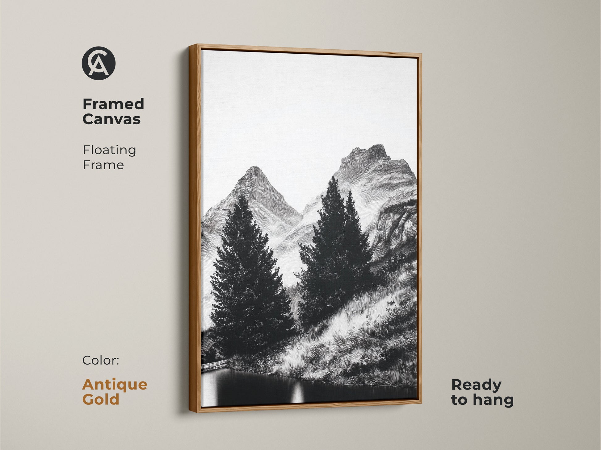 Framed canvas featuring a minimalist mountain scene with an antique gold floating frame. This black and white nature artwork showcases pine trees and mountains. Enhance your home with this ready to hang piece perfect as a gift for a hiker with vintage style.