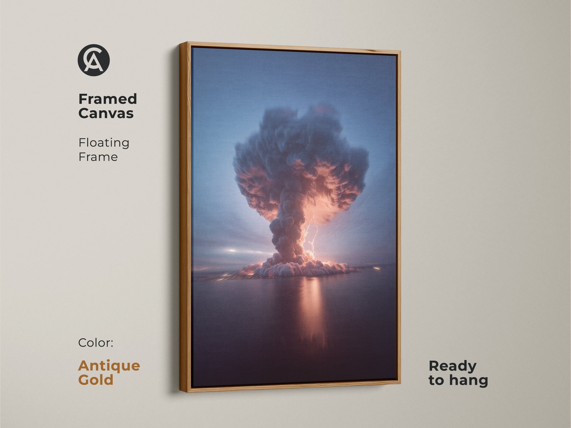 Framed canvas print featuring surreal explosion artwork of a Volcano Thunderstorm. Its in an antique gold floating frame and is ready to hang. The deep blue and crimson hues of this office wall art adds a touch of intensity to any space.