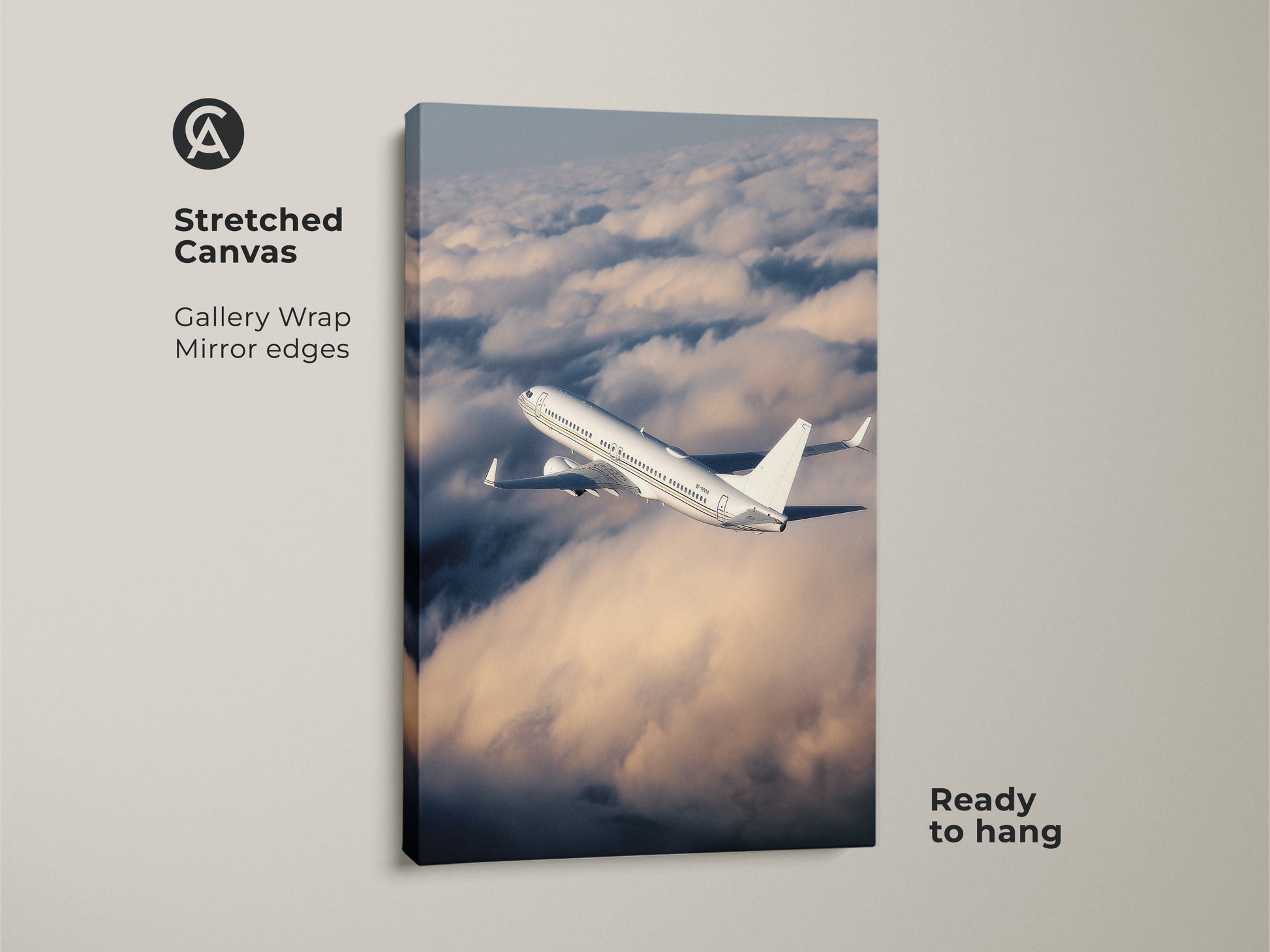 Aviation photography on stretched canvas shows an airplane in the clouds. Gallery wrapped with mirror edges this artwork is ready to hang. The white plane canvas art is ideal for office wall decor. It's a thoughtful travel enthusiast gift. This aviation inspired decor adds a modern touch.