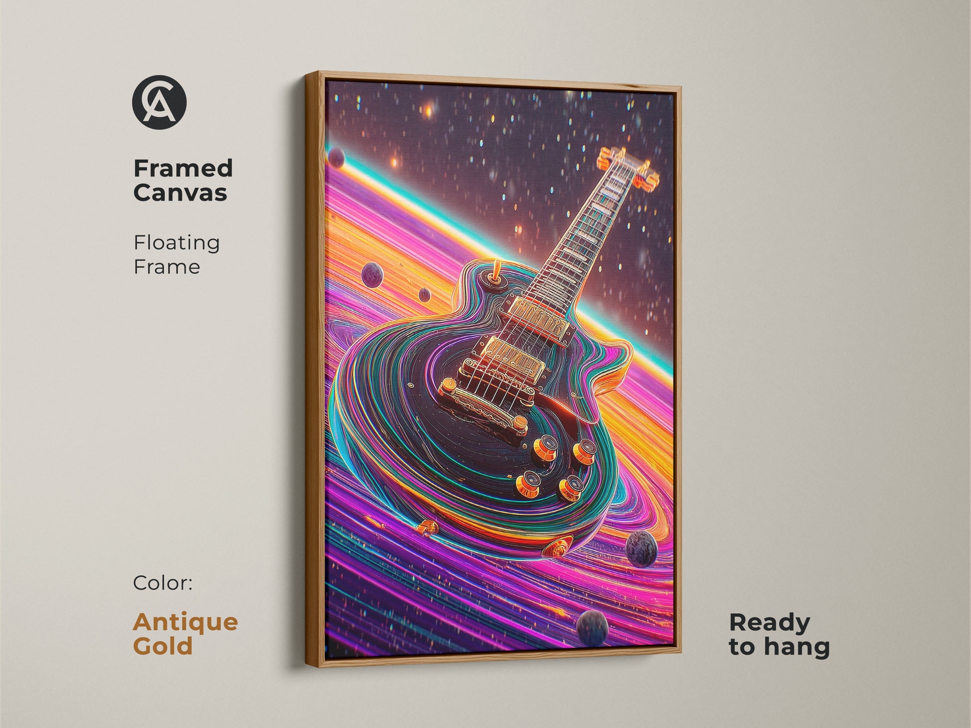 Framed canvas of a psychedelic electric guitar with an antique gold floating frame. The space themed canvas art has vibrant pink orange purple hues. A unique gift for musicians that adds a cosmic vibe to any room.