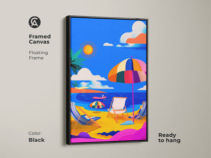Framed canvas artwork showcasing a colorful beach scene. The black floating frame adds a modern touch to this vibrant wall art. Ready to hang this piece brings a touch of summer to any room. The beach chairs and umbrella evoke a sense of relaxation and vacation. Perfect decor for any beach lover.