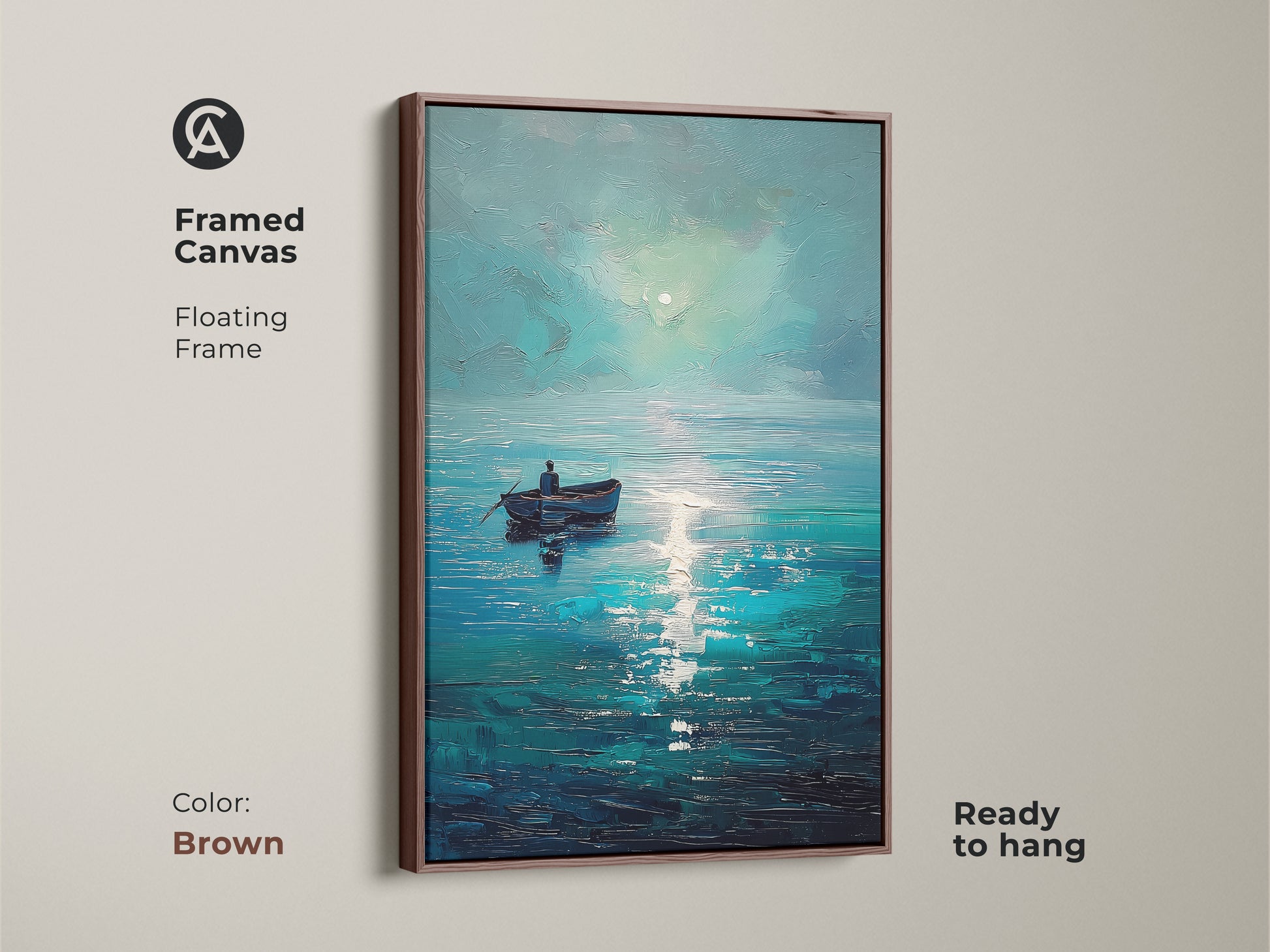 Framed canvas art of a deep blue ocean. The brown floating frame complements the impressionistic seascape. Ready to hang this coastal artwork brings a serene seascape canvas to your living room. Ideal art for boat lovers.